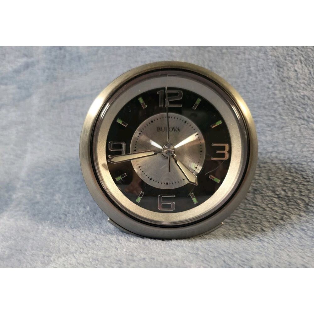 Bulova B5027 Lite Night Alarm Clock Brushed Silver Black Light Snooze-Works